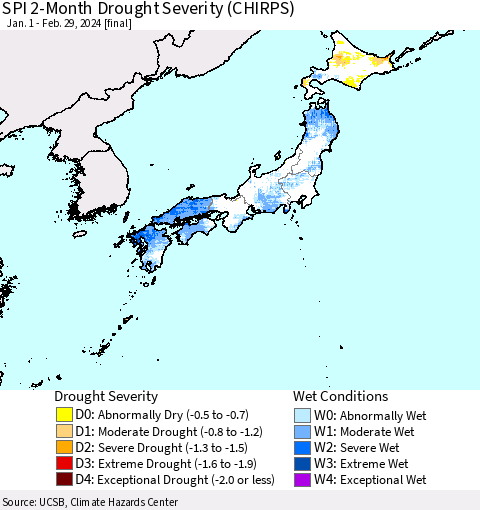 Japan SPI 2-Month Drought Severity (CHIRPS) Thematic Map For 1/1/2024 - 2/29/2024