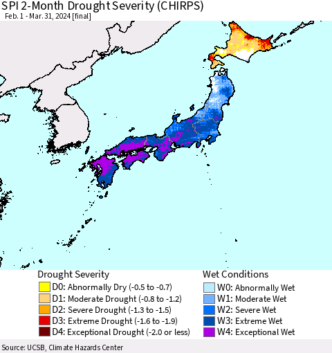 Japan SPI 2-Month Drought Severity (CHIRPS) Thematic Map For 2/1/2024 - 3/31/2024