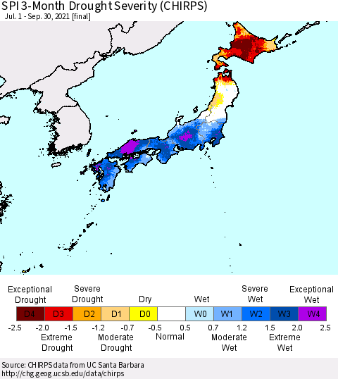 Japan SPI 3-Month Drought Severity (CHIRPS) Thematic Map For 7/1/2021 - 9/30/2021