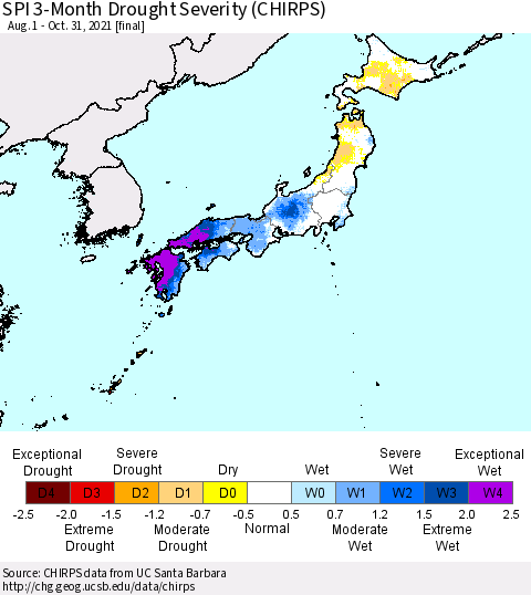 Japan SPI 3-Month Drought Severity (CHIRPS) Thematic Map For 8/1/2021 - 10/31/2021