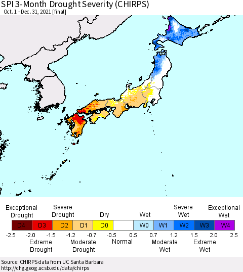 Japan SPI 3-Month Drought Severity (CHIRPS) Thematic Map For 10/1/2021 - 12/31/2021