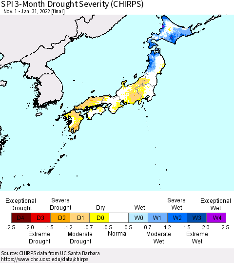 Japan SPI 3-Month Drought Severity (CHIRPS) Thematic Map For 11/1/2021 - 1/31/2022
