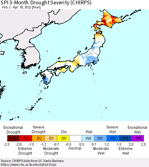 Japan SPI 3-Month Drought Severity (CHIRPS) Thematic Map For 2/1/2022 - 4/30/2022