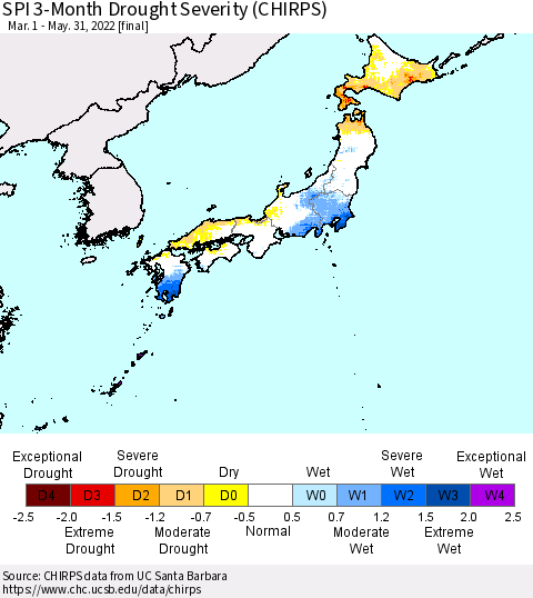 Japan SPI 3-Month Drought Severity (CHIRPS) Thematic Map For 3/1/2022 - 5/31/2022