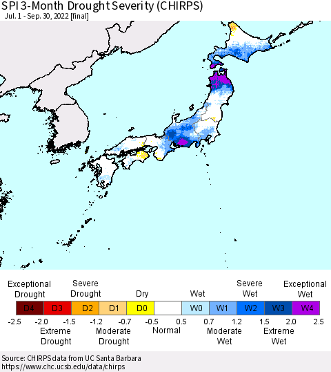 Japan SPI 3-Month Drought Severity (CHIRPS) Thematic Map For 7/1/2022 - 9/30/2022
