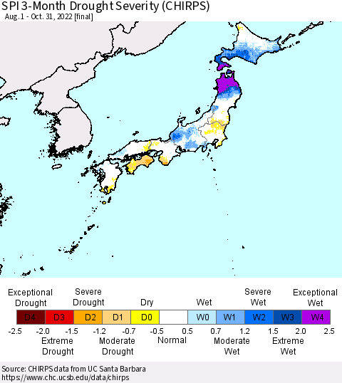 Japan SPI 3-Month Drought Severity (CHIRPS) Thematic Map For 8/1/2022 - 10/31/2022