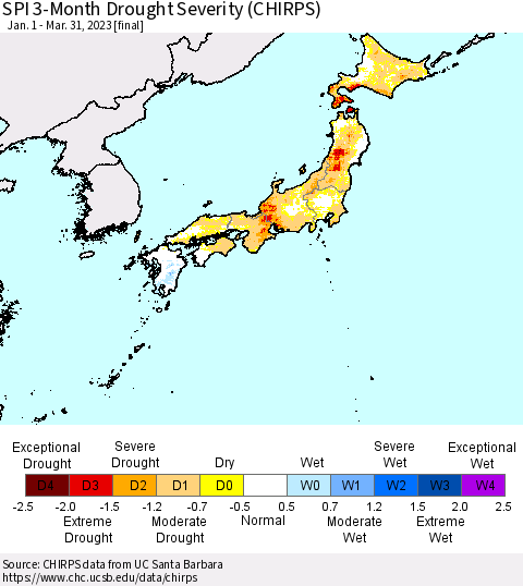 Japan SPI 3-Month Drought Severity (CHIRPS) Thematic Map For 1/1/2023 - 3/31/2023