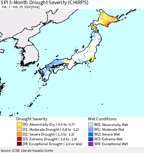 Japan SPI 3-Month Drought Severity (CHIRPS) Thematic Map For 12/1/2023 - 2/29/2024