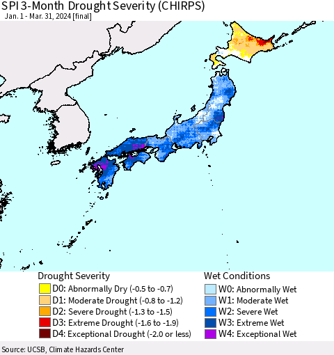 Japan SPI 3-Month Drought Severity (CHIRPS) Thematic Map For 1/1/2024 - 3/31/2024