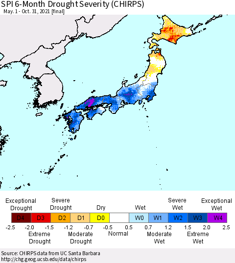 Japan SPI 6-Month Drought Severity (CHIRPS) Thematic Map For 5/1/2021 - 10/31/2021