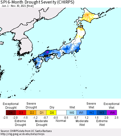 Japan SPI 6-Month Drought Severity (CHIRPS) Thematic Map For 6/1/2021 - 11/30/2021