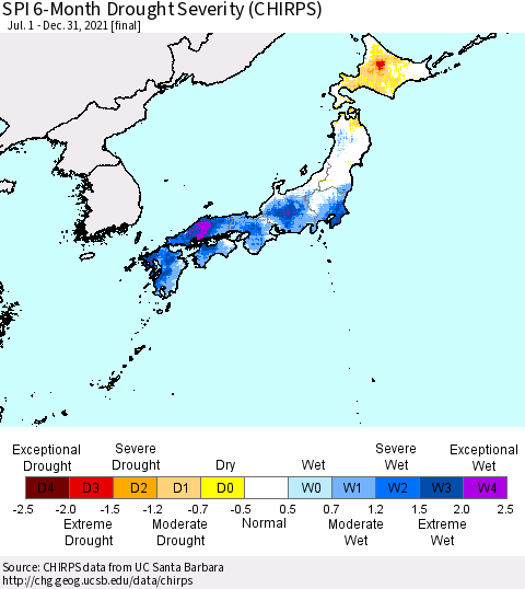 Japan SPI 6-Month Drought Severity (CHIRPS) Thematic Map For 7/1/2021 - 12/31/2021