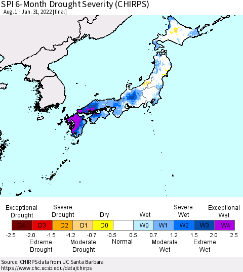 Japan SPI 6-Month Drought Severity (CHIRPS) Thematic Map For 8/1/2021 - 1/31/2022