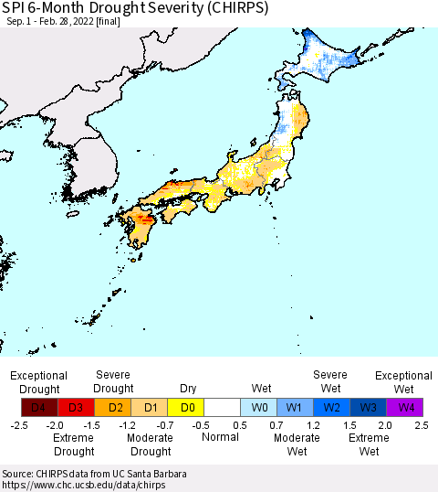 Japan SPI 6-Month Drought Severity (CHIRPS) Thematic Map For 9/1/2021 - 2/28/2022