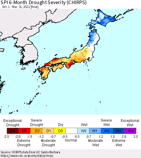 Japan SPI 6-Month Drought Severity (CHIRPS) Thematic Map For 10/1/2021 - 3/31/2022