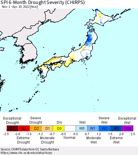 Japan SPI 6-Month Drought Severity (CHIRPS) Thematic Map For 11/1/2021 - 4/30/2022