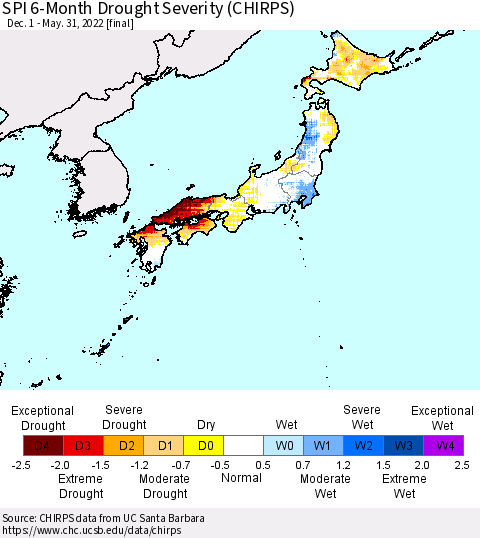 Japan SPI 6-Month Drought Severity (CHIRPS) Thematic Map For 12/1/2021 - 5/31/2022