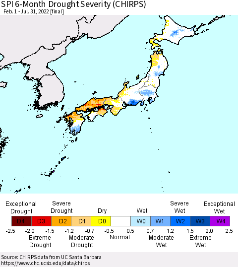 Japan SPI 6-Month Drought Severity (CHIRPS) Thematic Map For 2/1/2022 - 7/31/2022