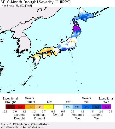 Japan SPI 6-Month Drought Severity (CHIRPS) Thematic Map For 3/1/2022 - 8/31/2022