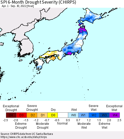 Japan SPI 6-Month Drought Severity (CHIRPS) Thematic Map For 4/1/2022 - 9/30/2022