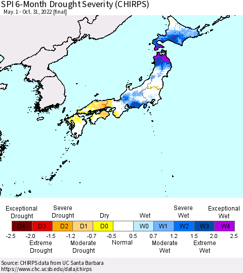 Japan SPI 6-Month Drought Severity (CHIRPS) Thematic Map For 5/1/2022 - 10/31/2022