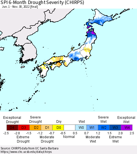 Japan SPI 6-Month Drought Severity (CHIRPS) Thematic Map For 6/1/2022 - 11/30/2022