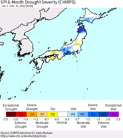 Japan SPI 6-Month Drought Severity (CHIRPS) Thematic Map For 7/1/2022 - 12/31/2022