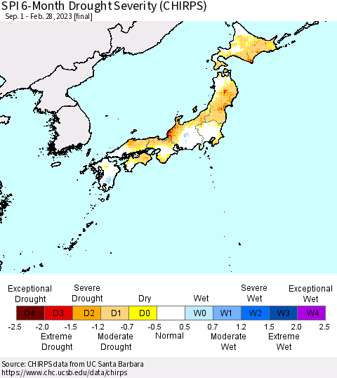 Japan SPI 6-Month Drought Severity (CHIRPS) Thematic Map For 9/1/2022 - 2/28/2023