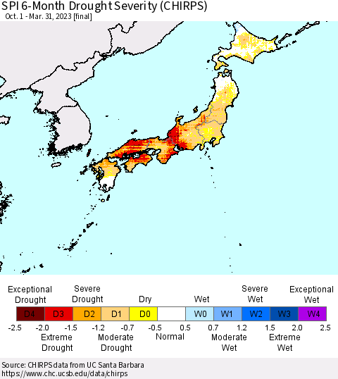Japan SPI 6-Month Drought Severity (CHIRPS) Thematic Map For 10/1/2022 - 3/31/2023