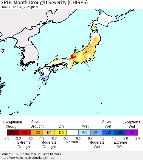 Japan SPI 6-Month Drought Severity (CHIRPS) Thematic Map For 11/1/2022 - 4/30/2023