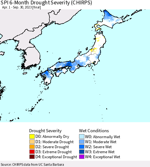 Japan SPI 6-Month Drought Severity (CHIRPS) Thematic Map For 4/1/2023 - 9/30/2023