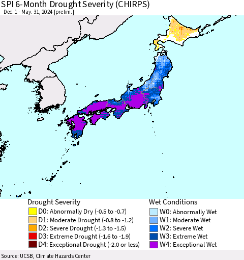 Japan SPI 6-Month Drought Severity (CHIRPS) Thematic Map For 12/1/2023 - 5/31/2024