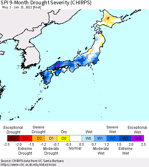 Japan SPI 9-Month Drought Severity (CHIRPS) Thematic Map For 5/1/2021 - 1/31/2022