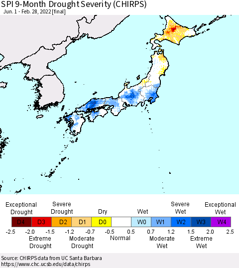 Japan SPI 9-Month Drought Severity (CHIRPS) Thematic Map For 6/1/2021 - 2/28/2022