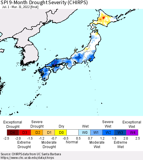 Japan SPI 9-Month Drought Severity (CHIRPS) Thematic Map For 7/1/2021 - 3/31/2022