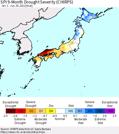 Japan SPI 9-Month Drought Severity (CHIRPS) Thematic Map For 10/1/2021 - 6/30/2022