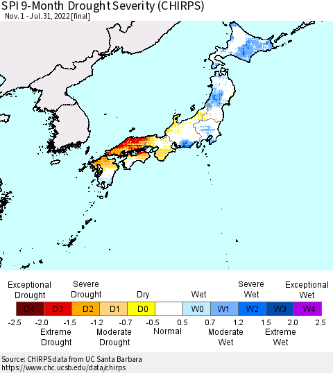 Japan SPI 9-Month Drought Severity (CHIRPS) Thematic Map For 11/1/2021 - 7/31/2022