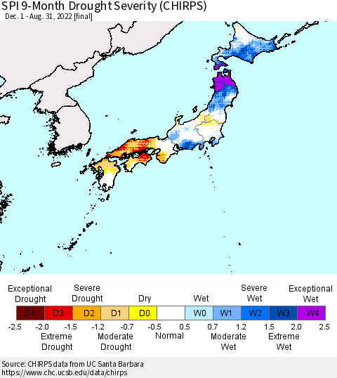 Japan SPI 9-Month Drought Severity (CHIRPS) Thematic Map For 12/1/2021 - 8/31/2022