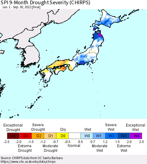 Japan SPI 9-Month Drought Severity (CHIRPS) Thematic Map For 1/1/2022 - 9/30/2022