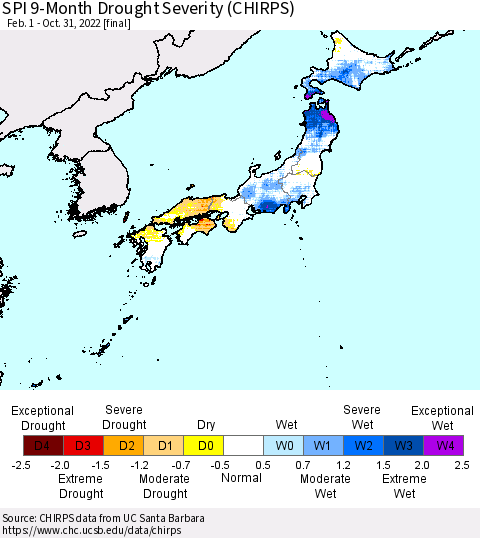 Japan SPI 9-Month Drought Severity (CHIRPS) Thematic Map For 2/1/2022 - 10/31/2022