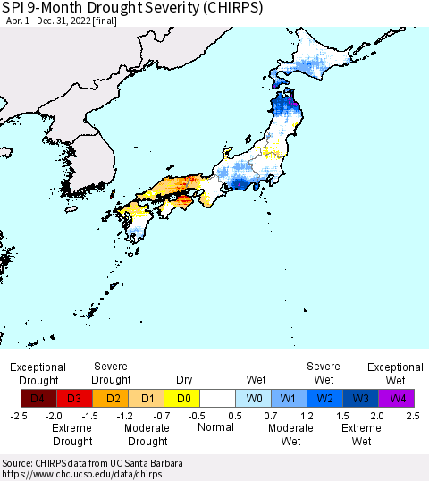 Japan SPI 9-Month Drought Severity (CHIRPS) Thematic Map For 4/1/2022 - 12/31/2022