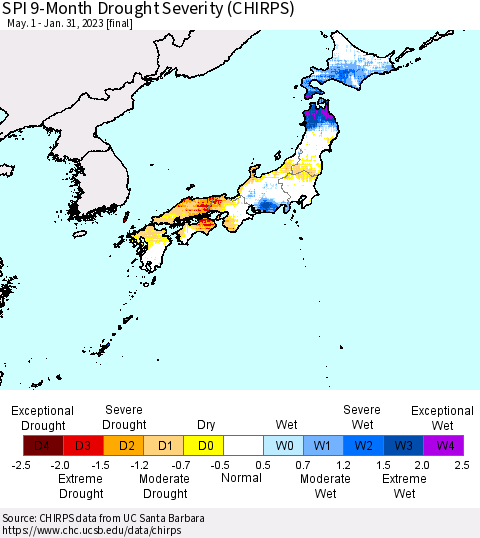 Japan SPI 9-Month Drought Severity (CHIRPS) Thematic Map For 5/1/2022 - 1/31/2023