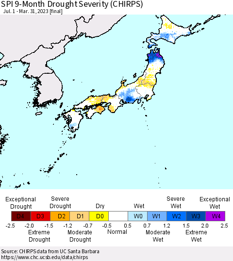Japan SPI 9-Month Drought Severity (CHIRPS) Thematic Map For 7/1/2022 - 3/31/2023