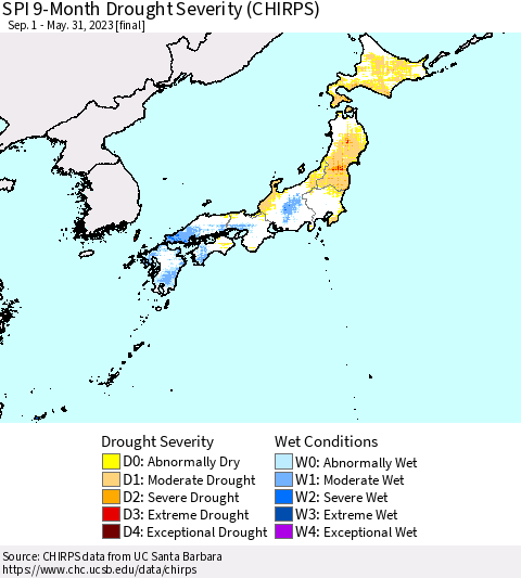 Japan SPI 9-Month Drought Severity (CHIRPS) Thematic Map For 9/1/2022 - 5/31/2023