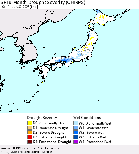 Japan SPI 9-Month Drought Severity (CHIRPS) Thematic Map For 10/1/2022 - 6/30/2023