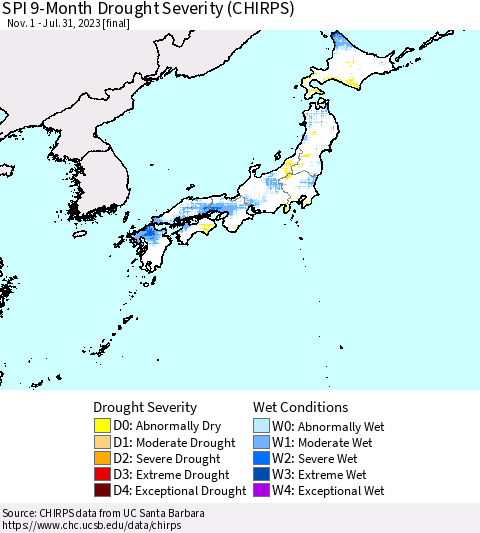 Japan SPI 9-Month Drought Severity (CHIRPS) Thematic Map For 11/1/2022 - 7/31/2023