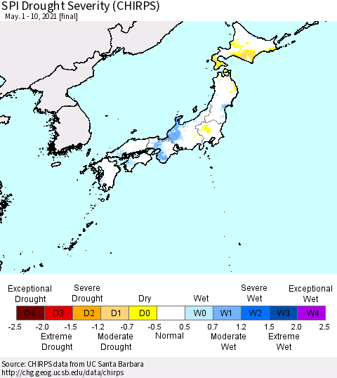 Japan SPI Drought Severity (CHIRPS) Thematic Map For 5/1/2021 - 5/10/2021