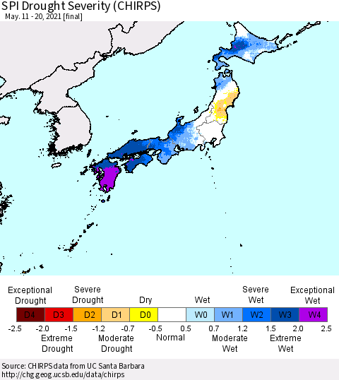 Japan SPI Drought Severity (CHIRPS) Thematic Map For 5/11/2021 - 5/20/2021
