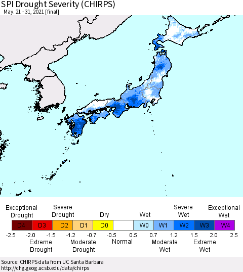 Japan SPI Drought Severity (CHIRPS) Thematic Map For 5/21/2021 - 5/31/2021