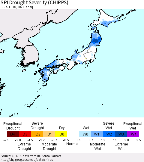 Japan SPI Drought Severity (CHIRPS) Thematic Map For 6/1/2021 - 6/10/2021